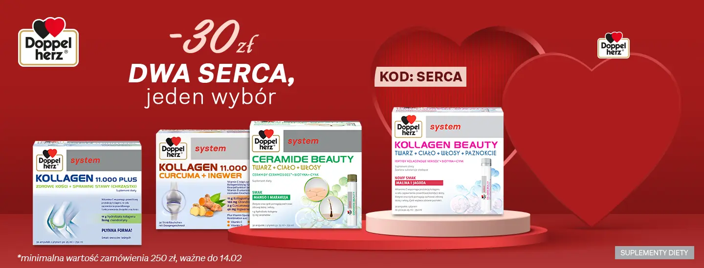 Promocja Doppelherz: zniżka -30 zł na wybrane produkty. W ofercie znajdują się różne suplementy diety, takie jak Kolagen i Ceramide Beauty. Kod rabatowy: SERCIA. Minimala wartość zamówienia: 250 zł, oferta ważna do 14.02.
