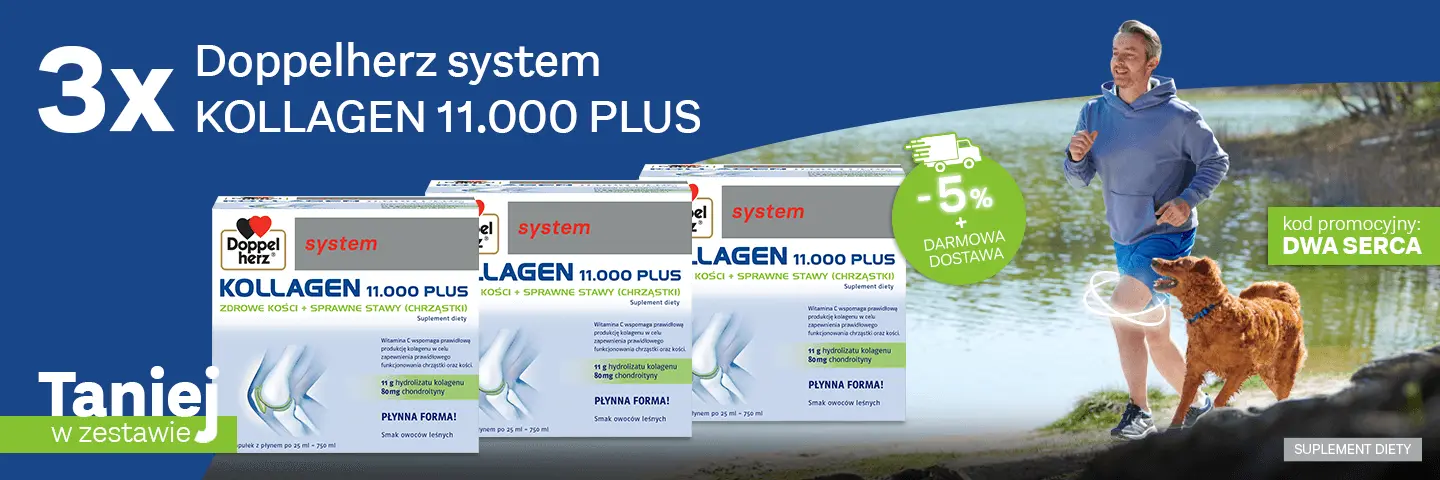 Reklama suplementu diety Doppelherz system KOLLAGEN 11.000 PLUS. Trzy opakowania produktu z informacją o zniżce oraz darmowej dostawie. W tle widoczny mężczyzna spacerujący z psem nad wodą. Hasło "Taniej w zestawie".