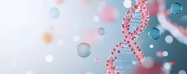 Obraz przedstawia spiralną helisę DNA, otoczoną kolorowymi cząsteczkami i bąbelkami. Tło jest w jasnych odcieniach, co podkreśla struktury biologiczne. Całość nawiązuje do tematyki życia i nauki o genach.