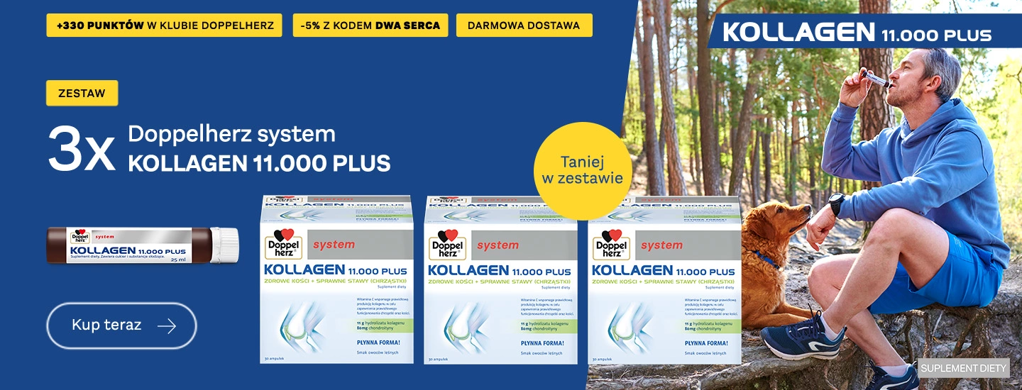 Zestaw trzech opakowań płynnego suplementu diety Kollagen 11.000 Plus od Doppelherz. Produkt wspiera zdrowie kości i stawów. Widoczne informacje o punkach lojalnościowych, promocji i darmowej dostawie. Opcja zakupu „Kup teraz”.