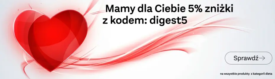 Na grafice widnieje czerwone serce oraz napis informujący o 5% zniżce z kodem "digest5". Zachęca do skorzystania z oferty. Obok znajduje się przycisk "Sprawdź".