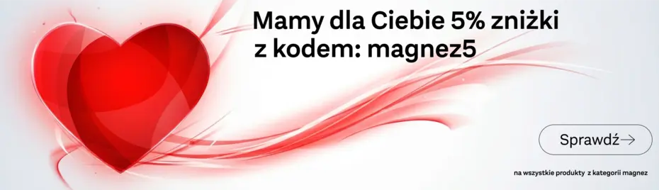 Grafika przedstawia czerwone serce na tle delikatnych linii. Treść informuje o 5% zniżce z kodem "magnez5". Przyciskiem "Sprawdź" zachęca do kliknięcia, aby poznać szczegóły oferty.