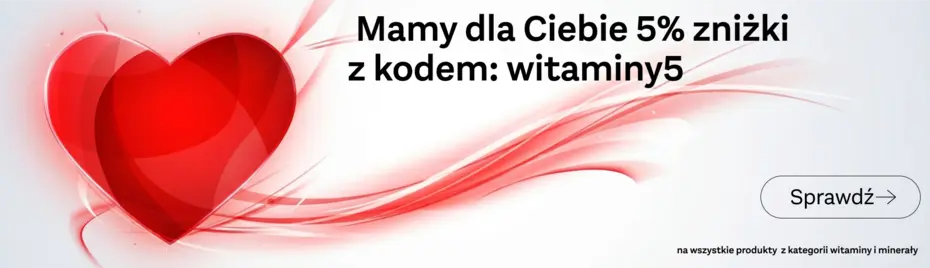 Grafika promocyjna informująca o 5% zniżce z kodem "witaminy5". W tle znajduje się czerwone serce symbolizujące miłość lub zdrowie. Zachęta do skorzystania z oferty.
